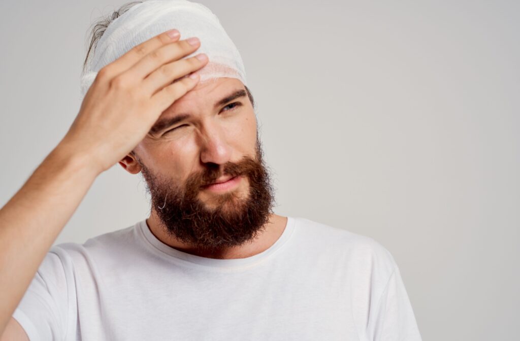 Person with head bandage holding forehead after getting a concussion.