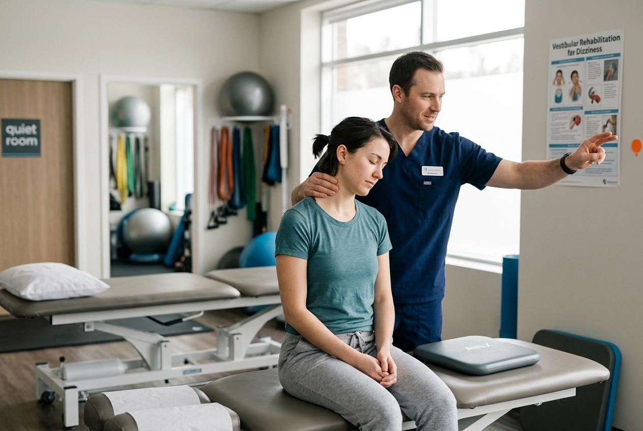 A physiotherapist supports a seated patient's neck while pointing to the side during a session in a physical therapy clinic.