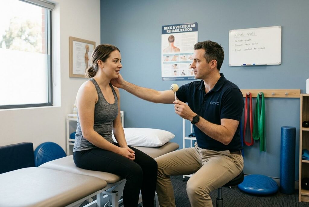 Physiotherapist holding a small wand to a woman's neck while she sits on a treatment table in a rehab clinic.