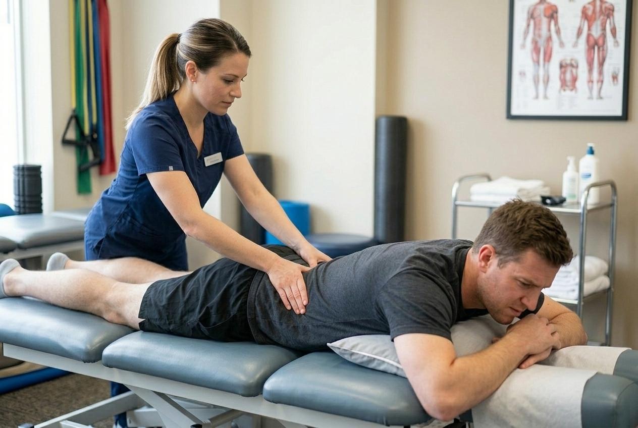 Physical therapist pressing on the lower back of a man lying face down on a treatment table in a clinic.