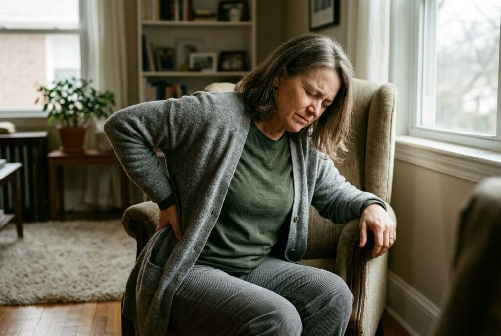 Woman in gray cardigan sitting in an armchair by a window, hand on her lower back, face wincing.
