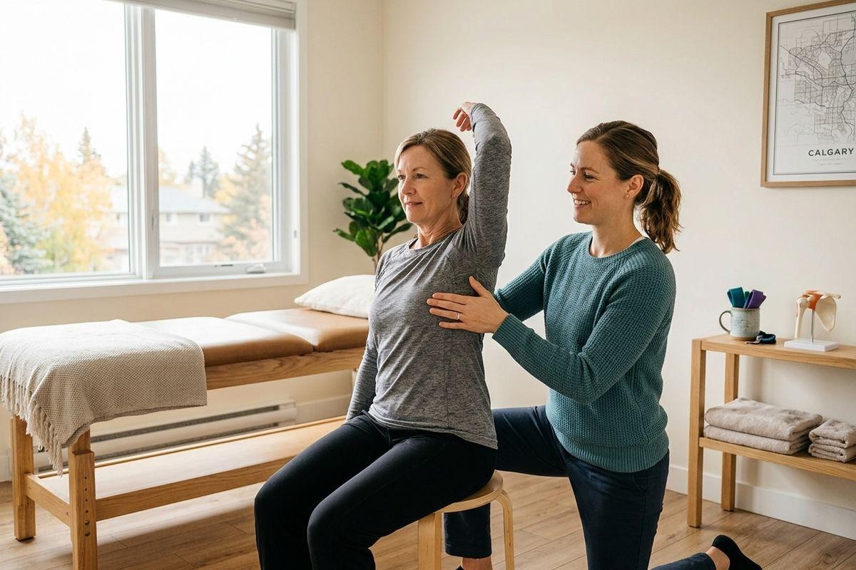 Physiotherapist guiding a seated patient through a raised-arm stretch in a treatment room with a massage table.